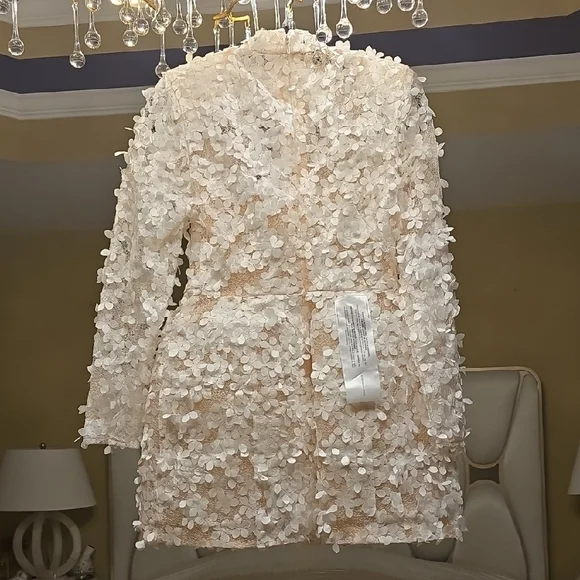 BCBGMaxAzria Ivory Lace Long Sleeve Dress 3D Flowers - Picture 7 of 16